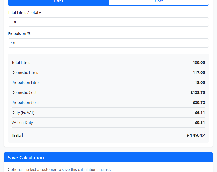 Fuel duty calculator